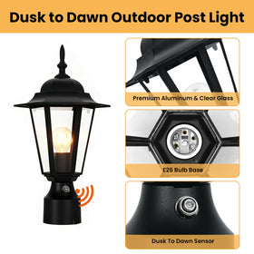 BK Jasmine modern black outdoor post light at night provides stylish curb appeal.