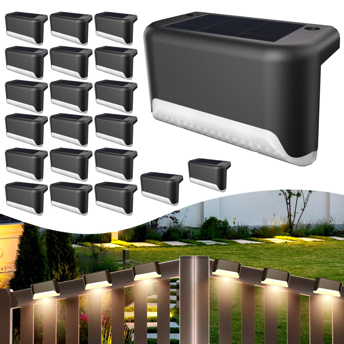 BKBB PPBB solar step light emits a warm white glow for safer stairs.