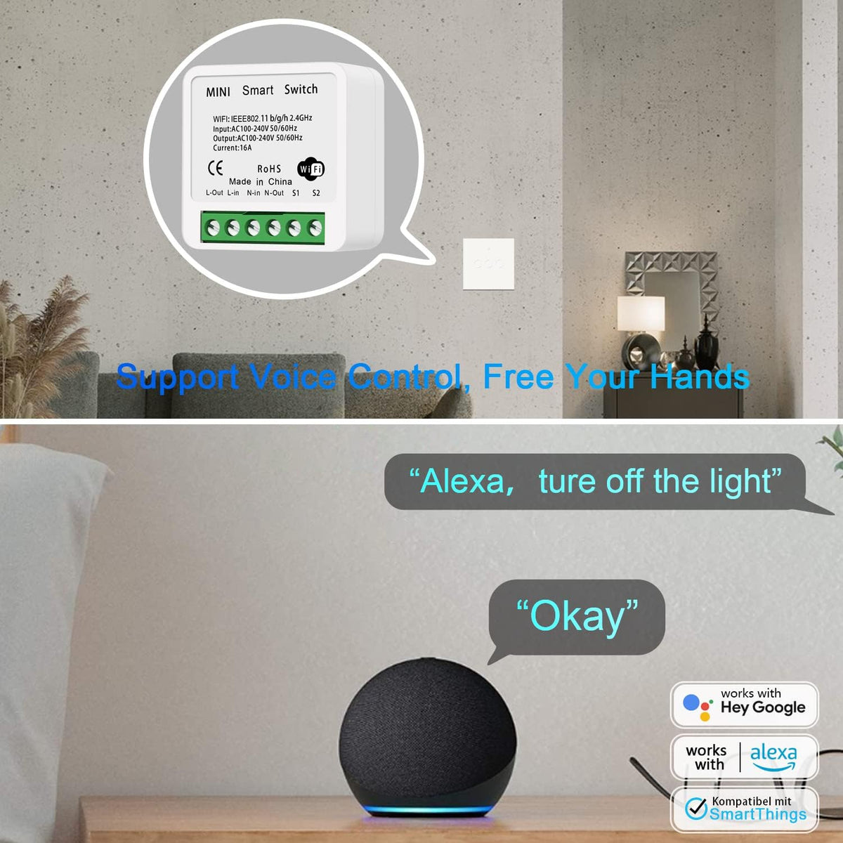 Bkiyougo WiFi Smart Switch in-wall install keeps room tidy and modern