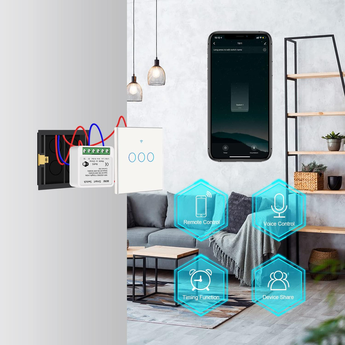 Bkiyougo WiFi Smart Switch voice control works with Alexa and Google Assistant
