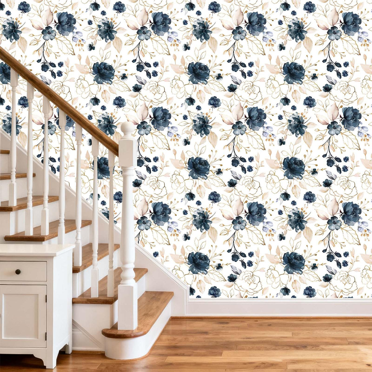 BKSTICK navy floral pattern with gold lines elevates any room