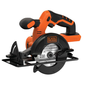 Black+Decker 20V circular saw front view highlighting compact handling and portability.