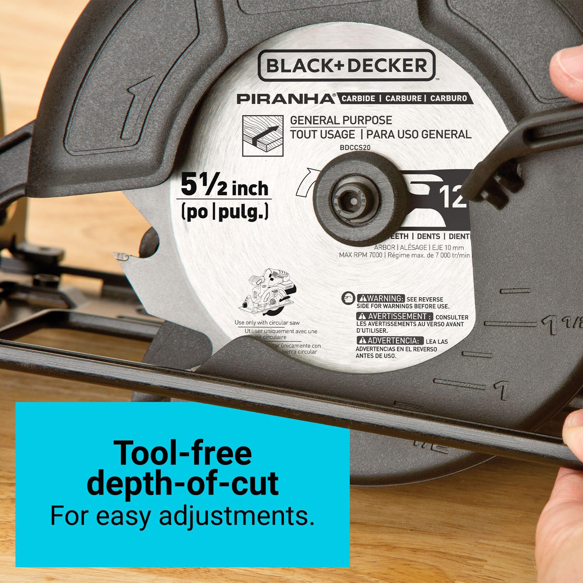 Black+Decker 20V circular saw pivoting shoe for stable, controlled cuts.