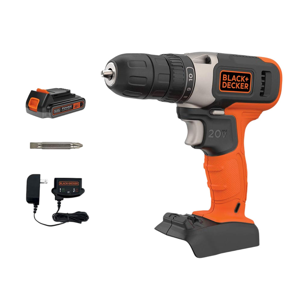 BLACK+DECKER 20V MAX drill driver with LED illuminates work areas.