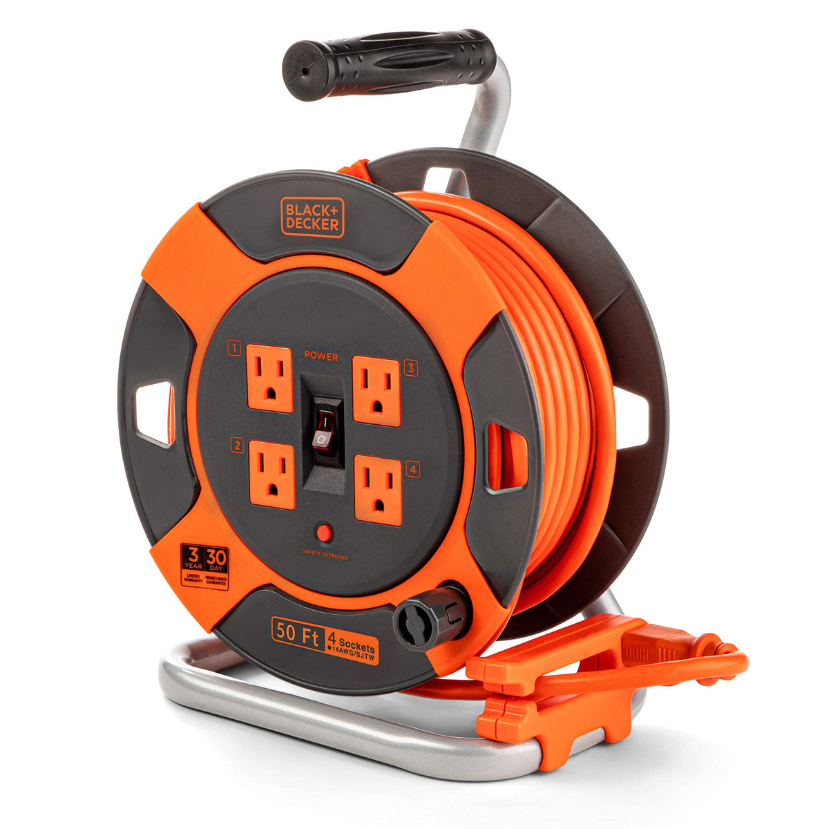 BLACK+DECKER 50 ft retractable reel with four outlets for outdoor power access.
