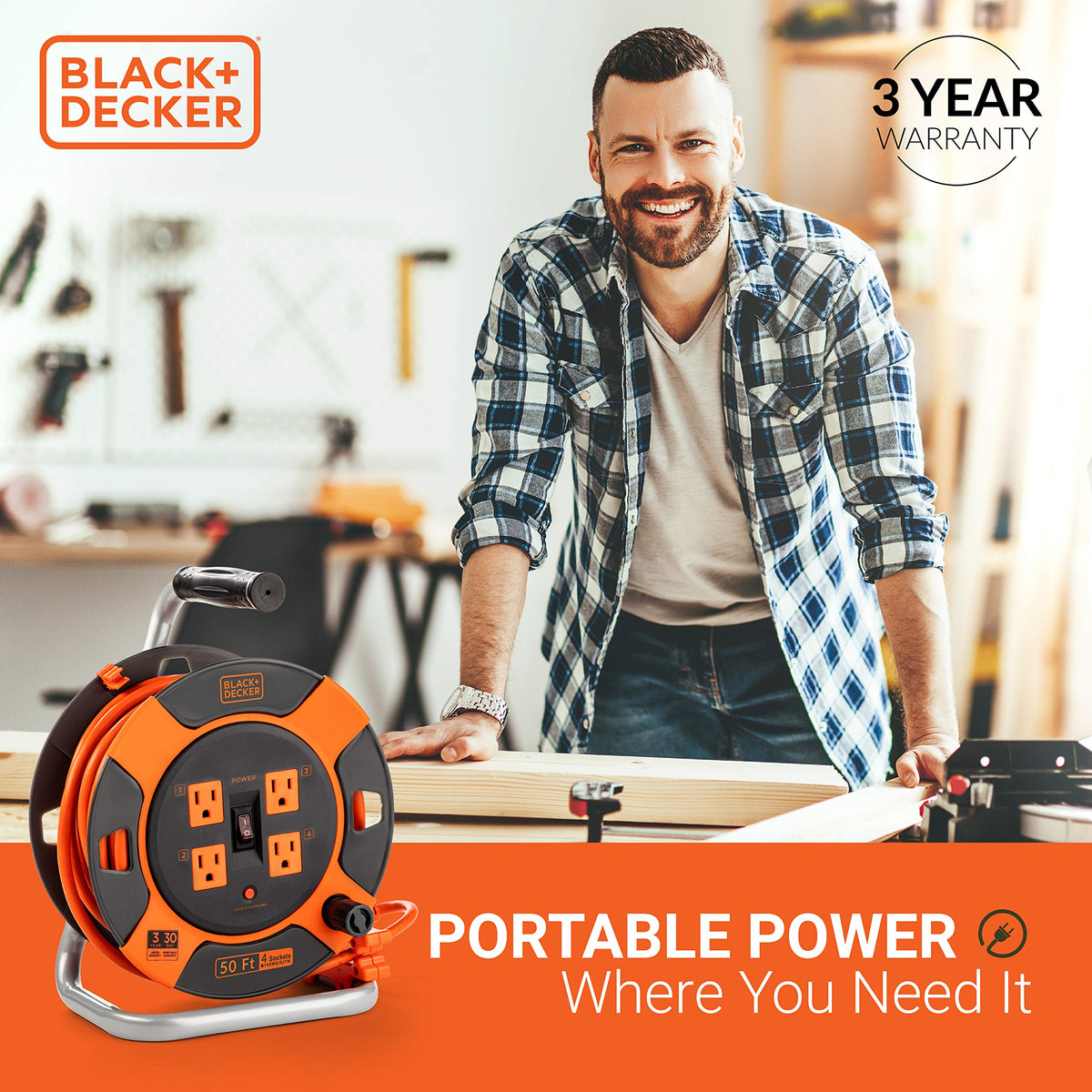 BLACK+DECKER compact, heavy-duty outdoor reel for garden use.