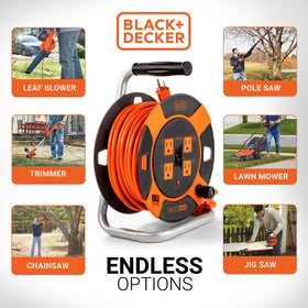 BLACK+DECKER reel shows on/off switch and indicator light for quick status checks.
