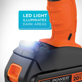Compact drill with LED light aids accuracy in dim spaces.