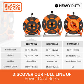 BLACK+DECKER reel features an easy-grip handle for tangle-free cord storage.