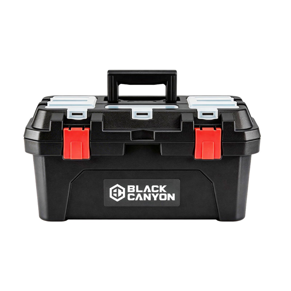 Black Canyon 17-inch tool box with top-lid storage keeps small parts organized for DIY projects.