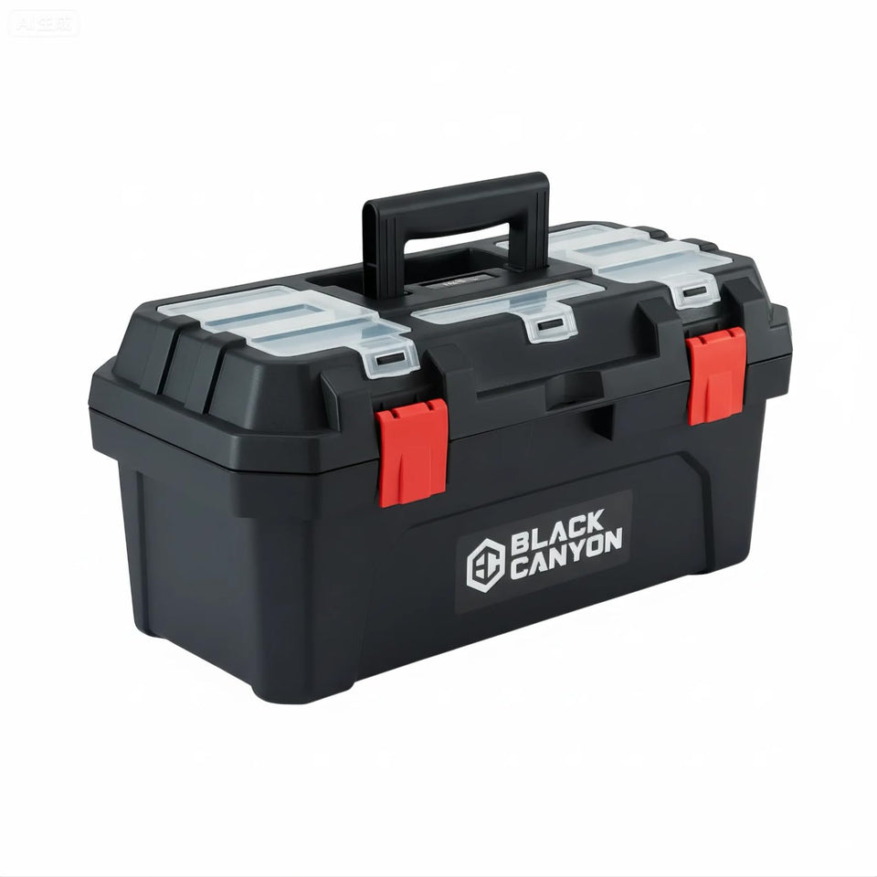 Black Canyon 17in tool box top view with rugged polypropylene housing.