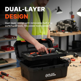 BLACK CANYON 19in toolbox durable polypropylene construction supports heavy duty tasks.