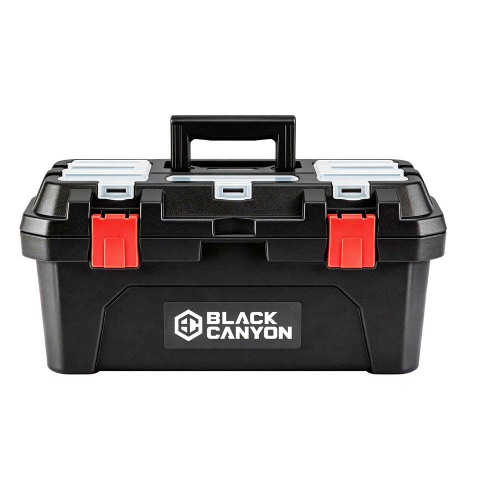 BLACK CANYON 19in toolbox front view shows compact, durable storage for job sites.