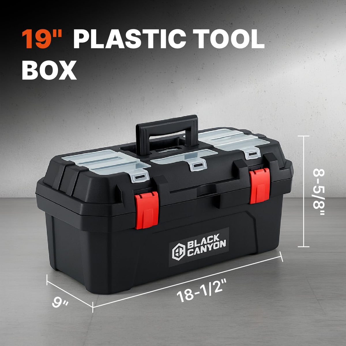 BLACK CANYON 19in toolbox padlock eye demonstrates added security for valuables.