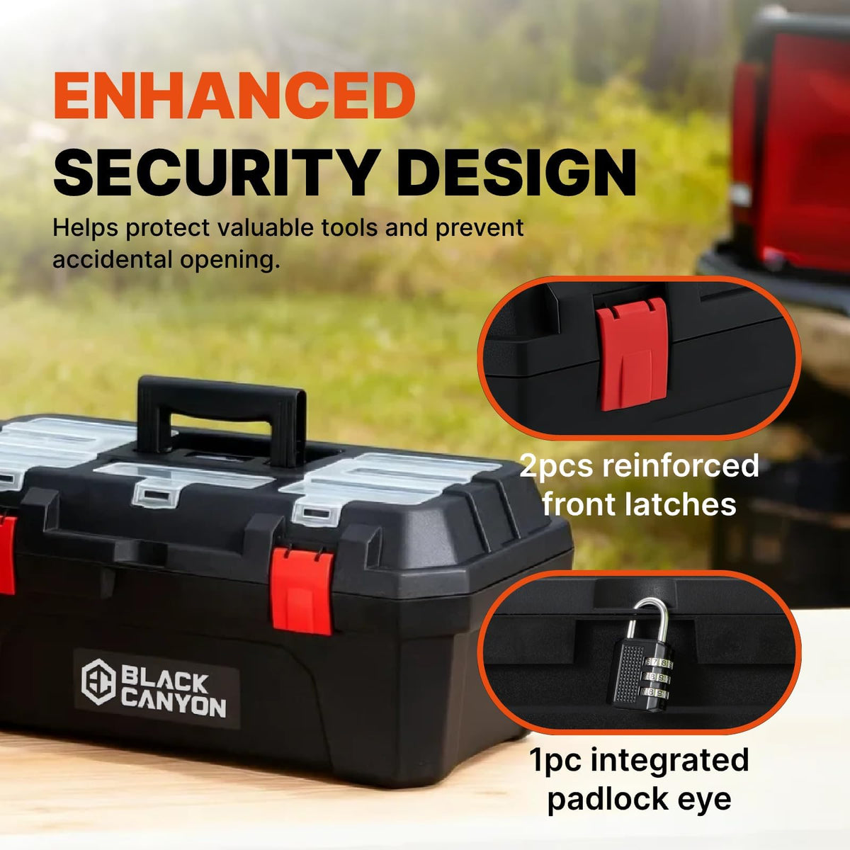 BLACK CANYON 19in toolbox reinforced latches hinges convey durability for tough sites.