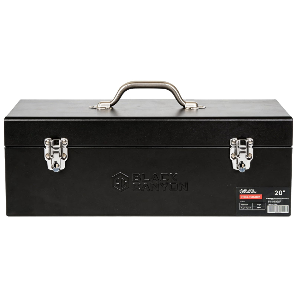 BLACK CANYON 20in steel tool box front view highlights rust-resistant portability for busy workshops