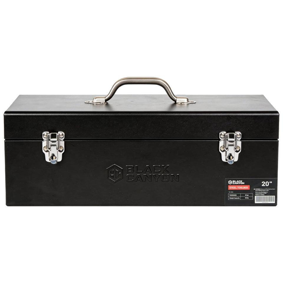BLACK CANYON 20in steel tool box front view highlights rust-resistant portability for busy workshops