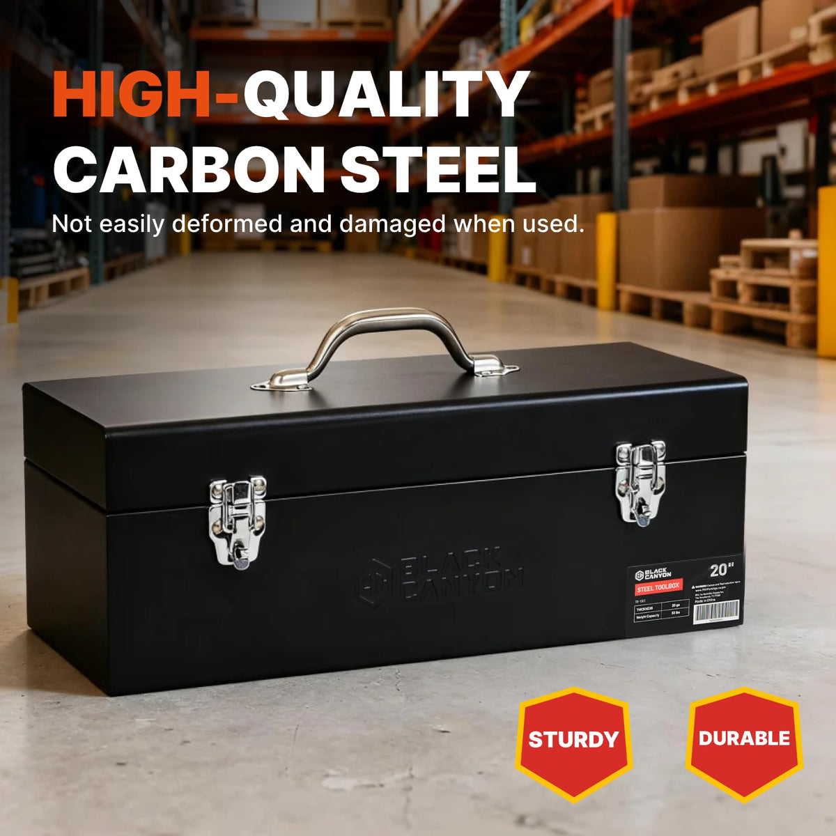 BLACK CANYON 20in steel tool box side view demonstrates compact, lightweight design for job sites