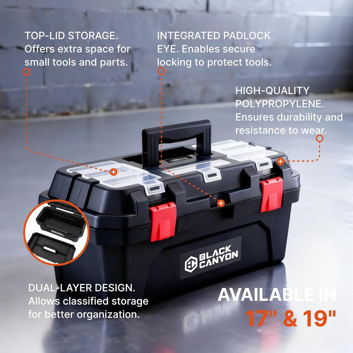 Black Canyon ergonomic grip handle and recessed handholds for easy carrying of tools.
