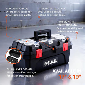 Black Canyon ergonomic grip handle and recessed handholds for easy carrying of tools.