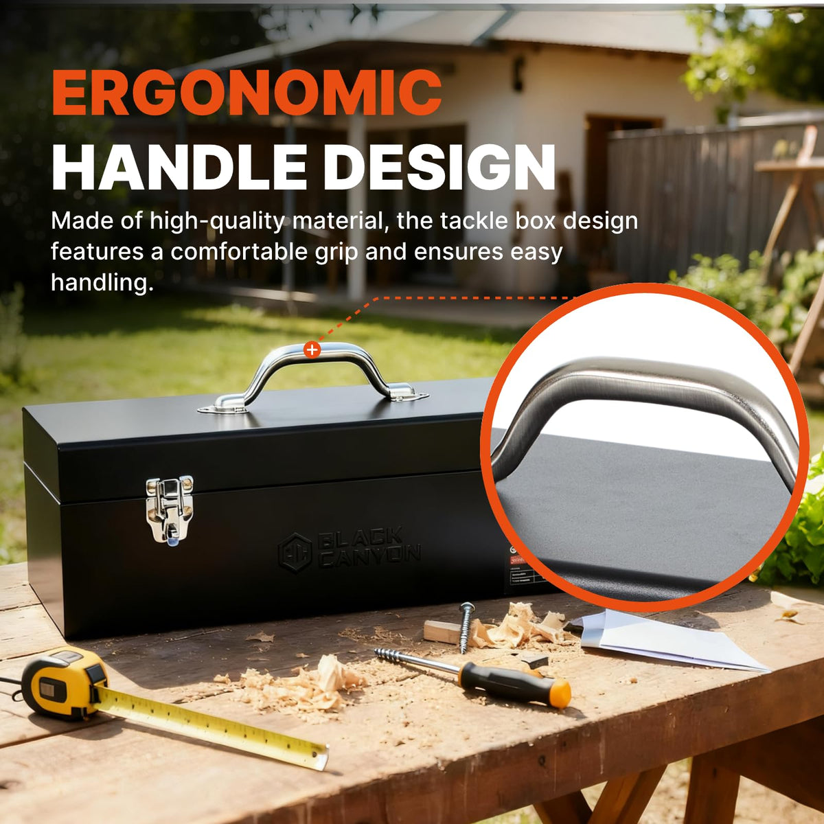 BLACK CANYON padlockable steel tool box offers secure storage without locking hardware included