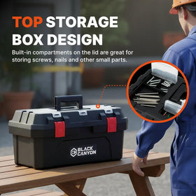 Reinforced latches and hinges on the Black Canyon toolbox secure tools during transport.