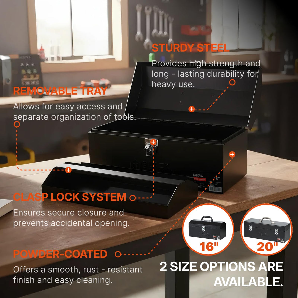 BLACK CANYON steel tool box closeup handle emphasizes secure grip and easy transport