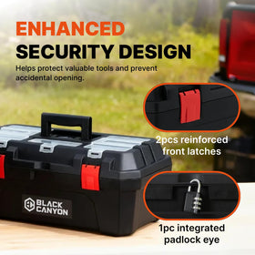 Black Canyon toolbox lower storage space holds power tools and accessories.