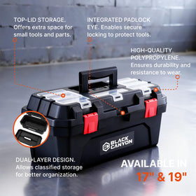 Black Canyon toolbox with removable tray for quick access to hand tools.