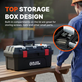Black Canyon toolbox top-lid compartments keep small parts neatly separated.
