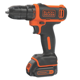 BLACK+DECKER 12V Max drill with keyless chuck for quick bit changes.