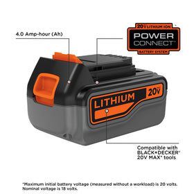 Close-up of the POWERCONNECT 4Ah label highlighting reliable lithium-ion energy.