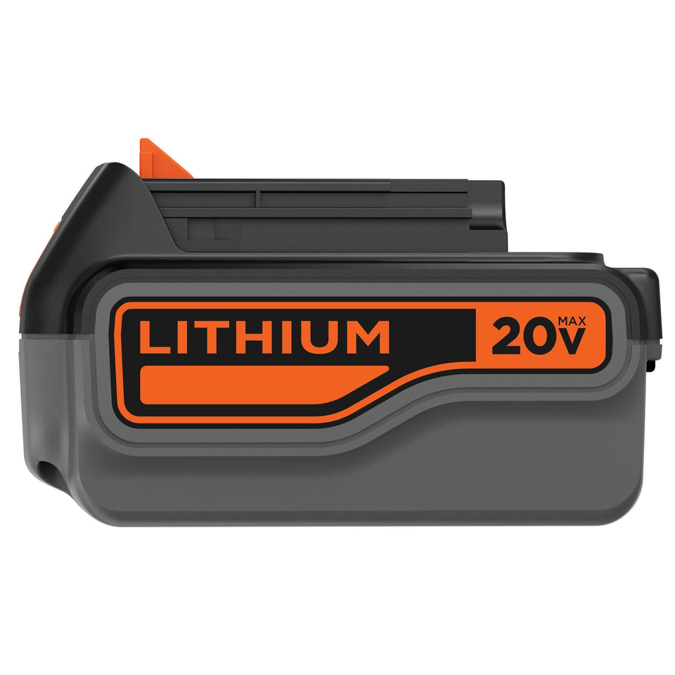 BLACK+DECKER 20V MAX 4Ah battery front view highlighting long runtime.