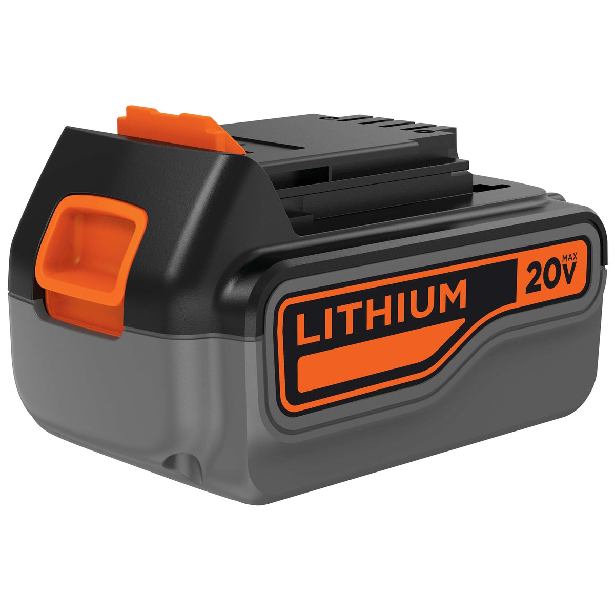 BLACK+DECKER 20V MAX 4Ah battery side view shows secure release latch.