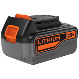 BLACK+DECKER 20V MAX 4Ah battery side view shows secure release latch.