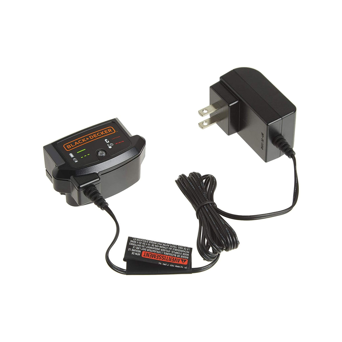 BLACK+DECKER 20V MAX charger front view, compact and ready for quick recharges.