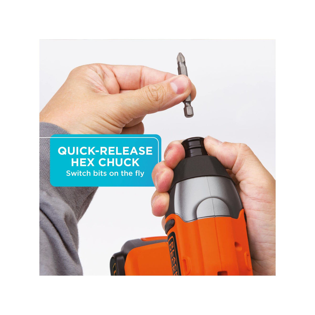BLACK+DECKER 20V PowerConnect quick-release chuck enables rapid bit changes.