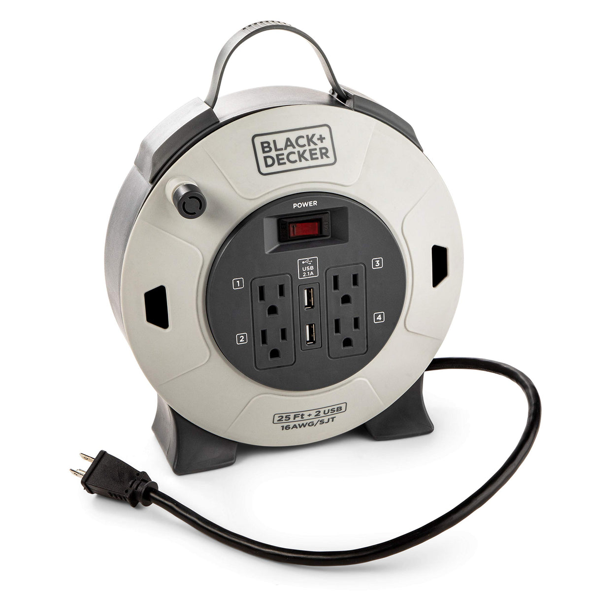 Black+Decker 25ft retractable extension cord reel with four outlets for versatile power access.
