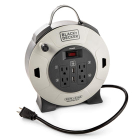 Black+Decker 25ft retractable extension cord reel with four outlets for versatile power access.