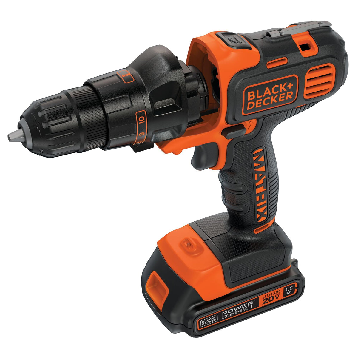 Black+Decker 3/8-inch chuck provides secure grip on bits.