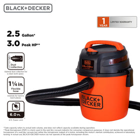 3 HP motor delivers strong suction for wet and dry messes