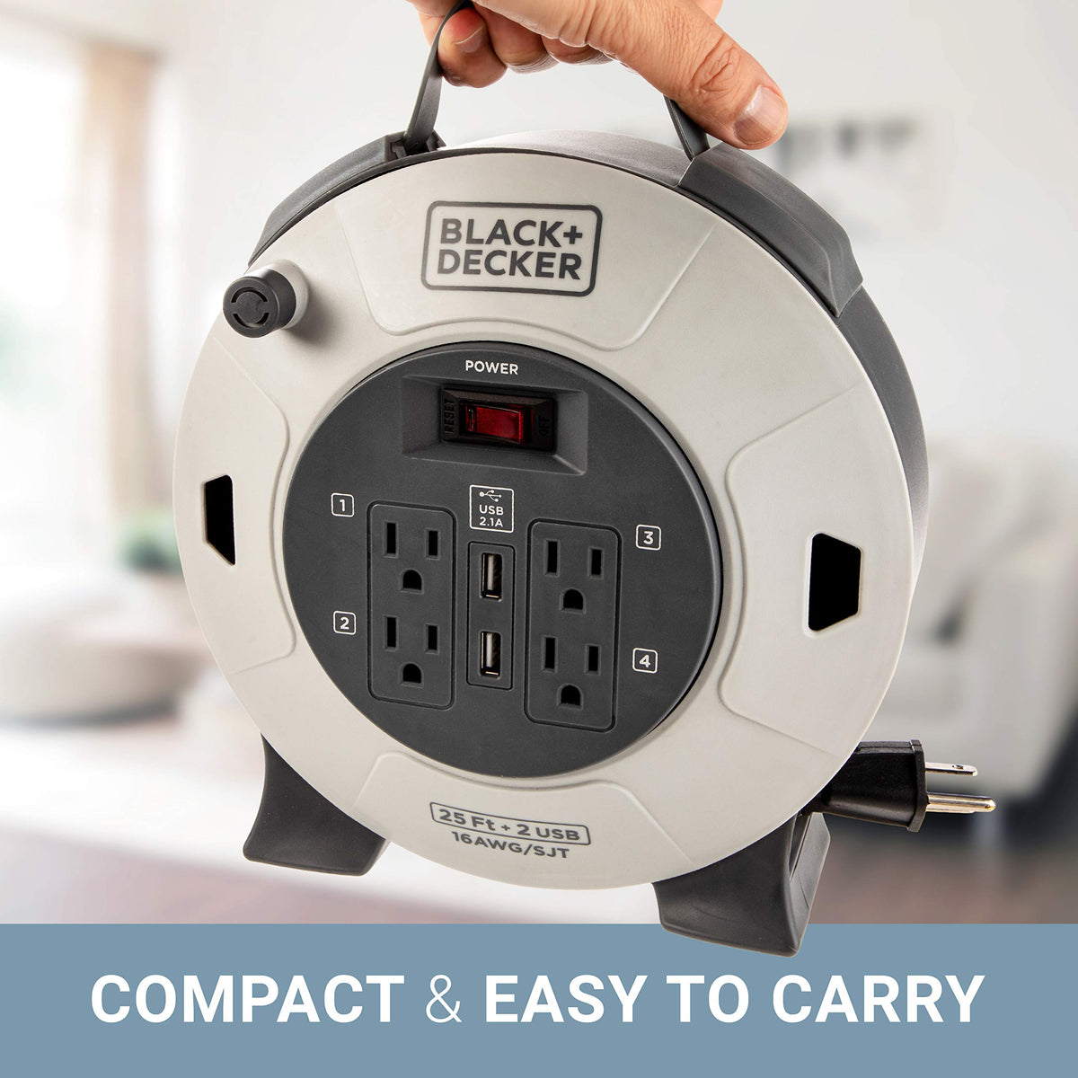Black+Decker cord reel with built-in circuit breaker protects connected gear.