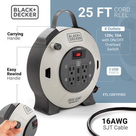 Black+Decker extension cord reel showing on/off switch for controlled power.