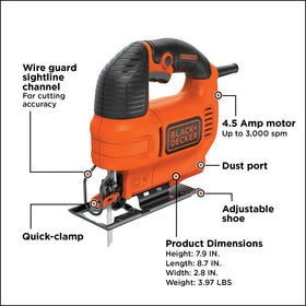 BLACK+DECKER Jig Saw quick-clamp for tool-free blade changes.