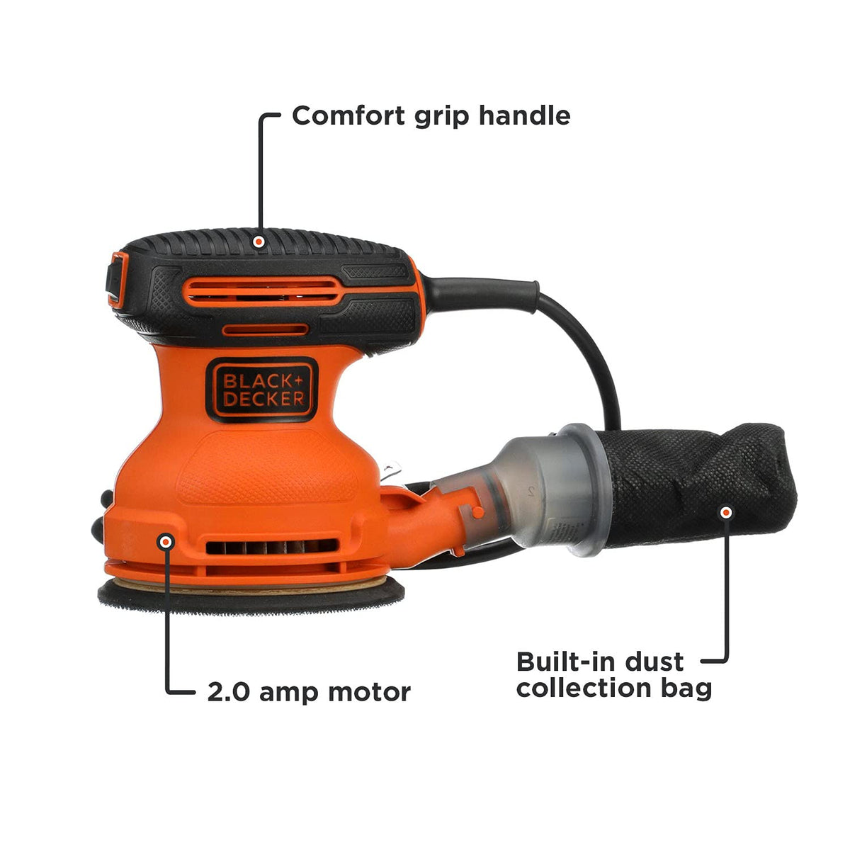 BLACK+DECKER orbital sander 12000 OPM enables fast, swirl-free finish on surfaces.
