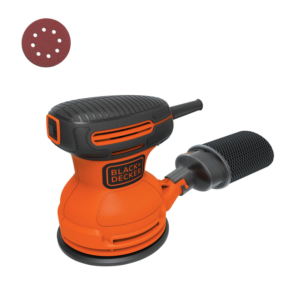 BLACK+DECKER orbital sander 5-inch dust bag helps keep workspace clean during sanding.
