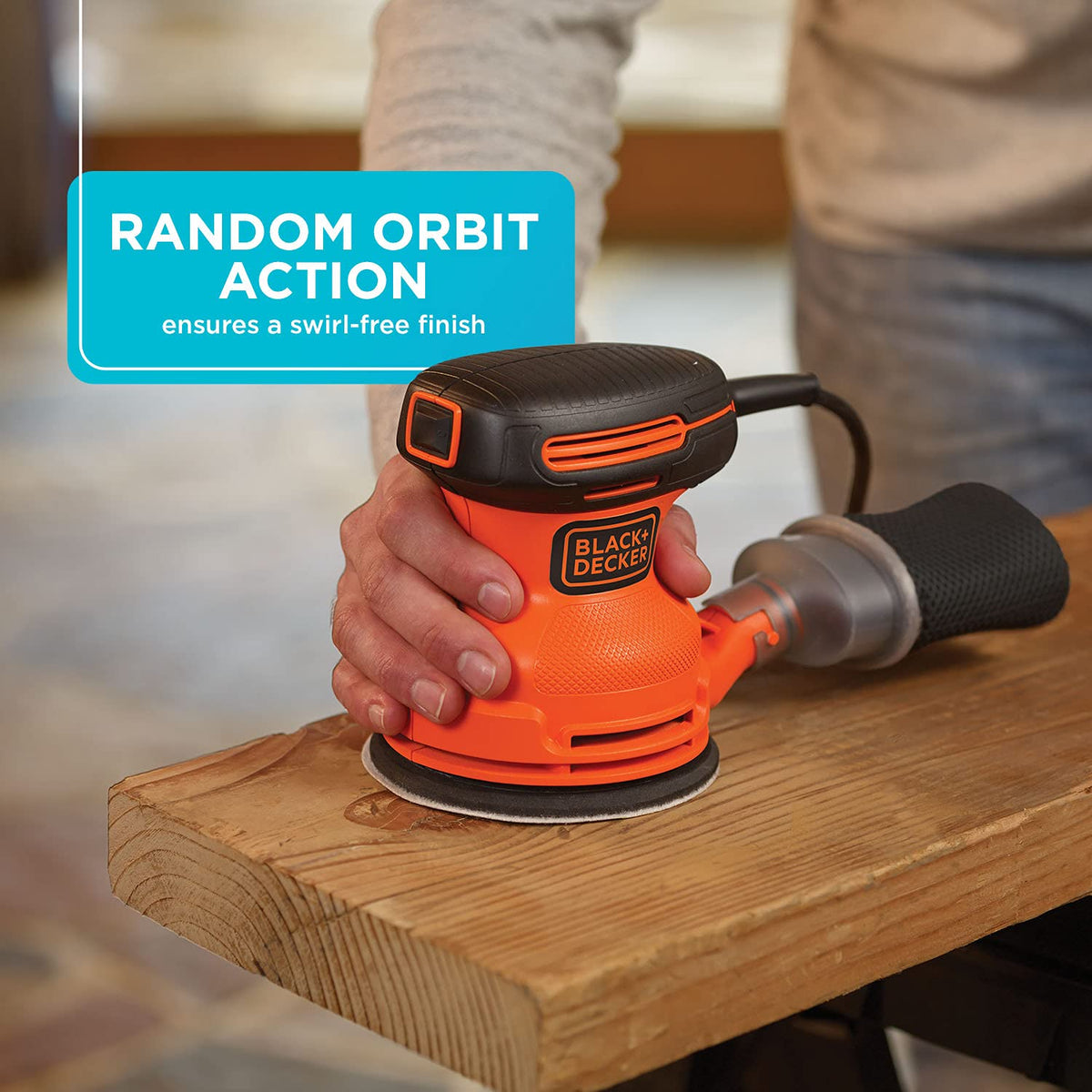 BLACK+DECKER orbital sander compact design fits tight spaces for detailed work.