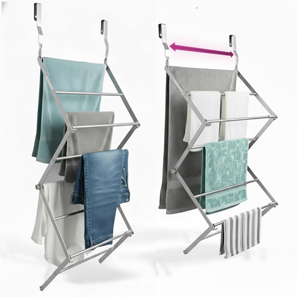 BLACK+DECKER over-the-door drying rack extended to 24 inches for full drying space.