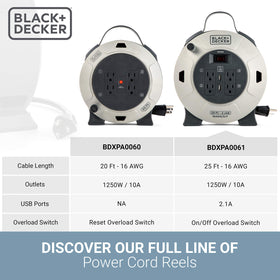 Black+Decker retractable extension cord reel with USB ports for quick device charging.