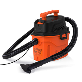 BLACK+DECKER shop vacuum front view demonstrates compact design for home, garage, or car use